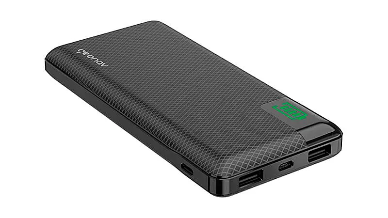 imagem de um power bank Geonav na cor preta com painel de LED