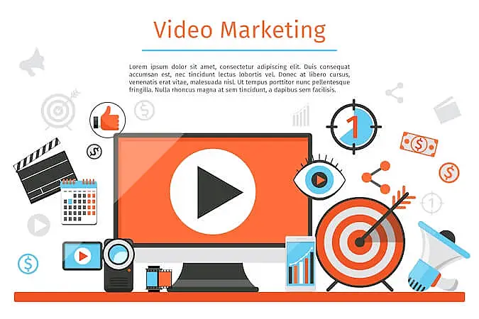 Video marketing concept with play button on screen, target, charts, and digital media icons around a computer monitor.