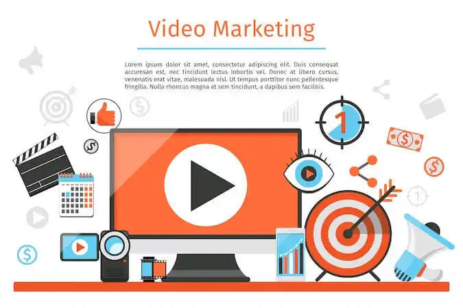 Video marketing concept with play button on screen, target, charts, and digital media icons around a computer monitor.
