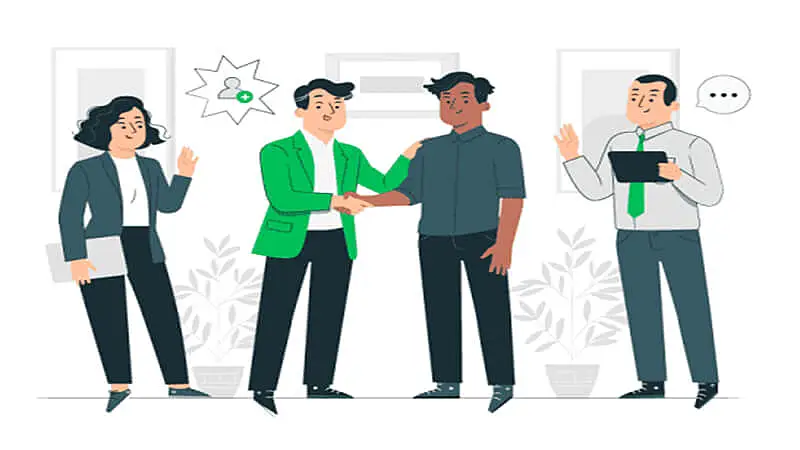 Imagem de pessoas conversando e um homem apertando a mão de outro