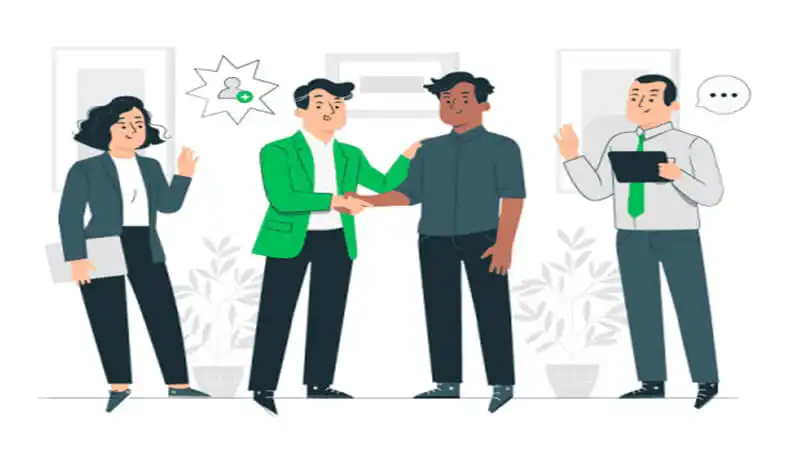 Imagem de pessoas conversando e um homem apertando a mão de outro