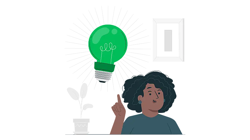 Imagem de uma mulher com uma lâmpada refletindo sobre produção de conteúdo