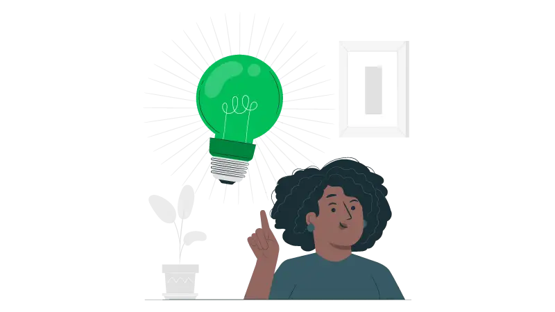 Imagem de uma mulher com uma lâmpada refletindo sobre produção de conteúdo