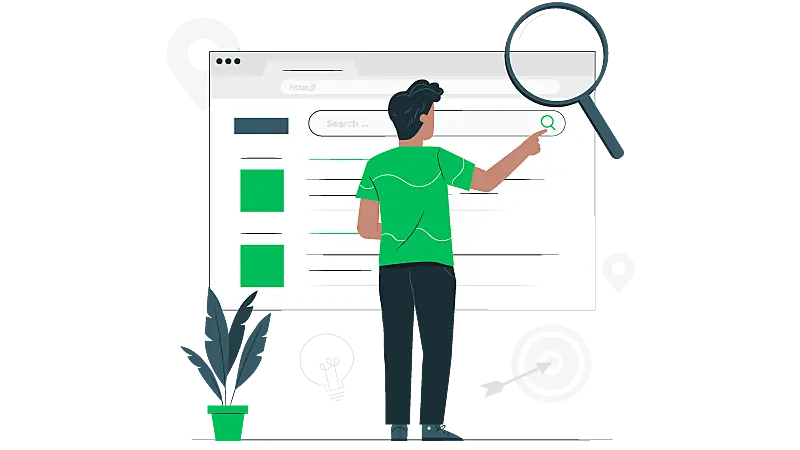 Imagem vetorizada de um homem procurando por produção de conteúdo