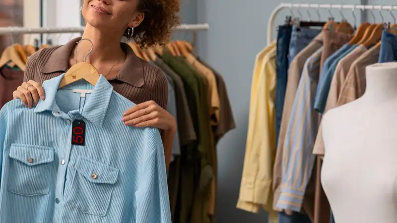 Foto de uma mulher segurando uma blusa azul e várias camisas penduradas em um cabideiro atras dela