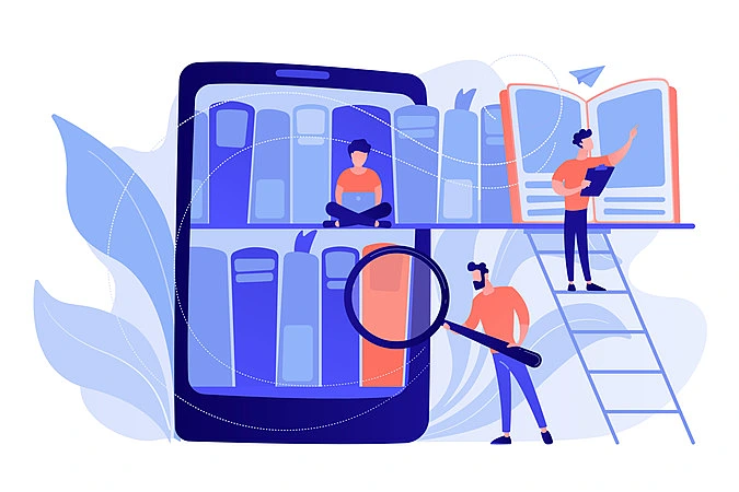 imagem de vários livros dentro de um celular e pessoas pesquisando