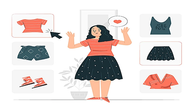 Imagem de uma mulher e várias roupas ao lado