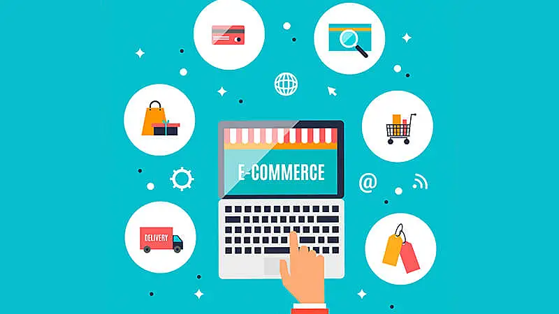 mãos de uma pessoa usando um notebook com ícones relacionados a revenda e logística em volta