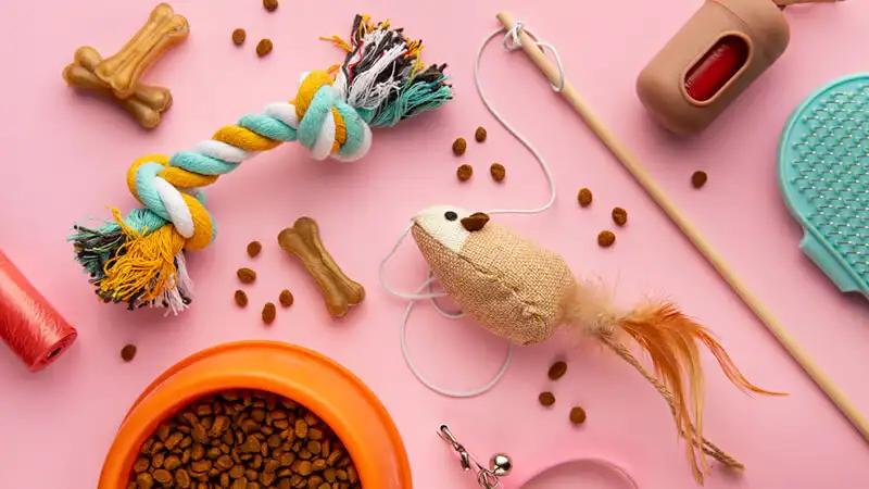 Foto de produtos para pet, como ração, coleira