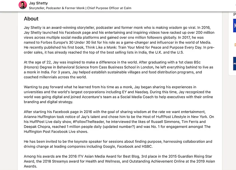 Jay Shetty LinkedIn bio 