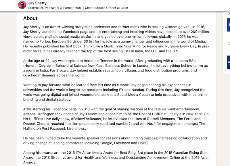 Jay Shetty LinkedIn bio 