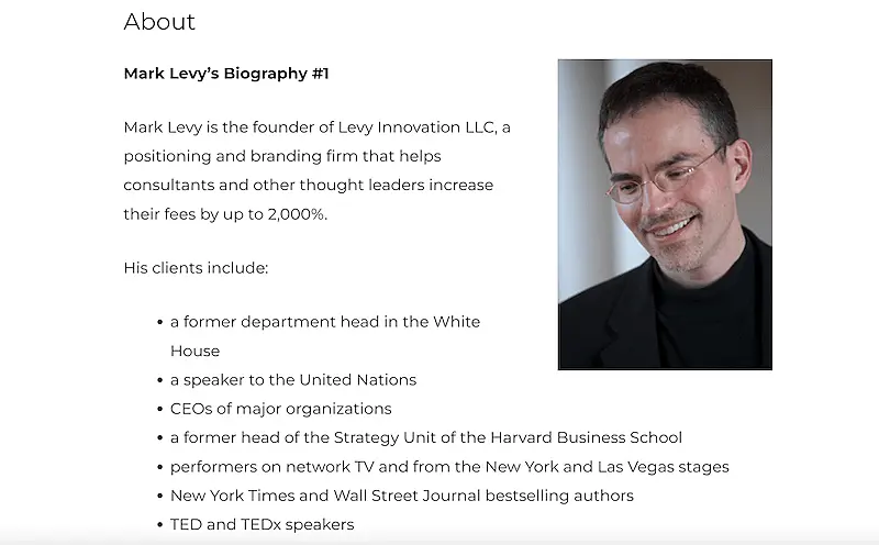 Mark Levy's bio in his company website.