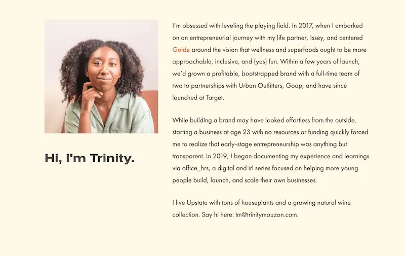 Trinity Mouzon's bio in her website 