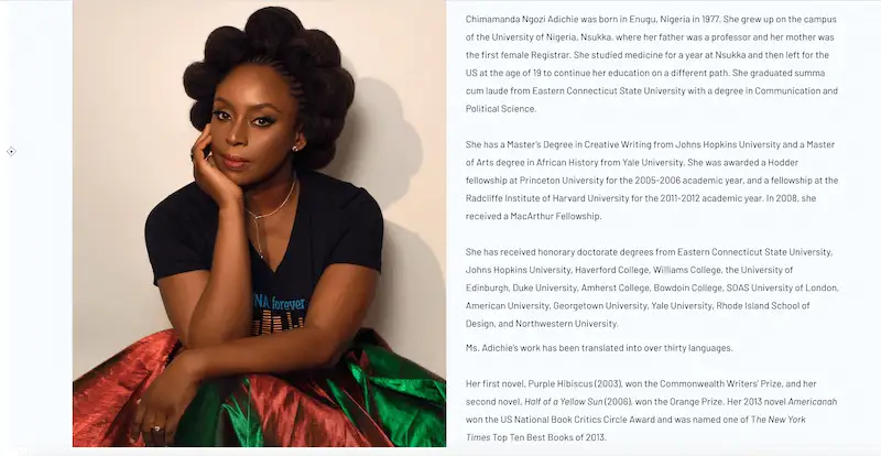 Chimmanda bio on her website