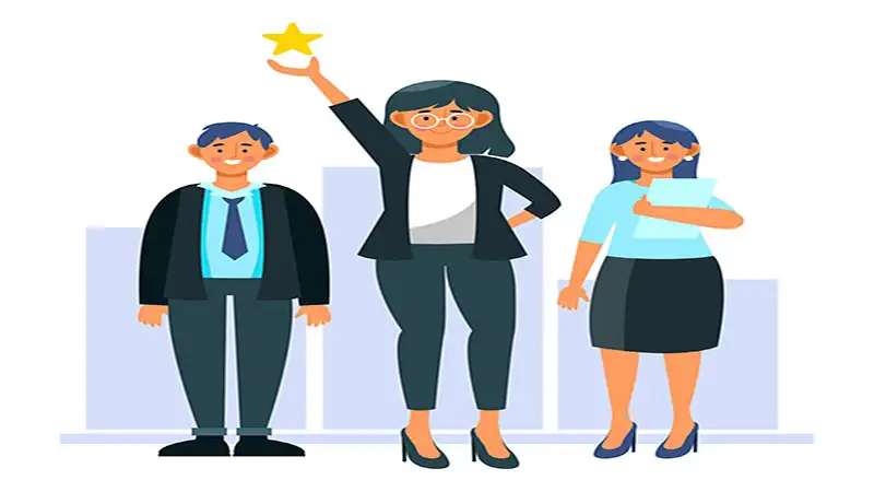 Ilustração de 3 profissionais e uma delas segurando uma estrela