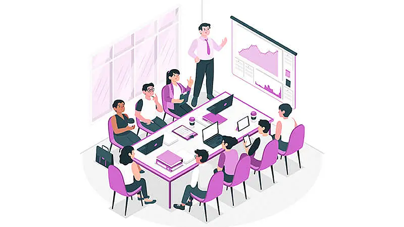 Ilustração de uma pessoa apresentando slides para outras pessoas sentadas