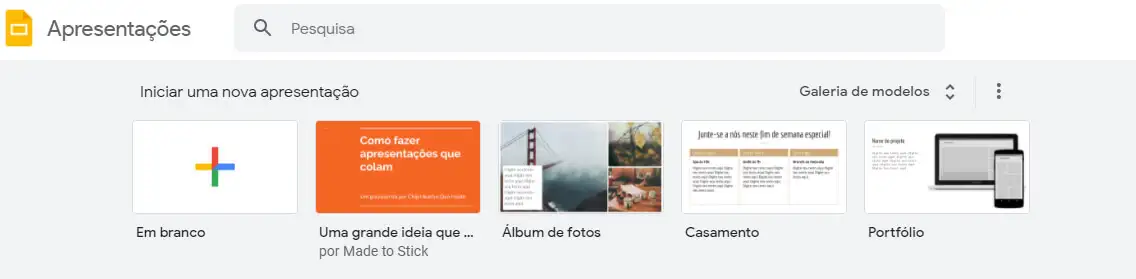 Tela inicial do Google Slides