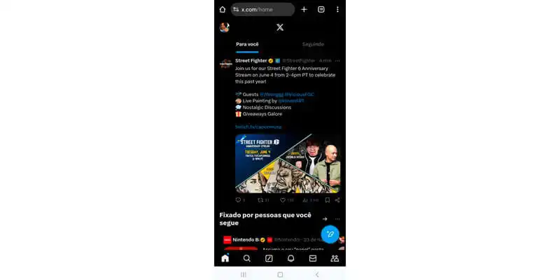 captura de tela do pwa progressive web app X em um smartphone
