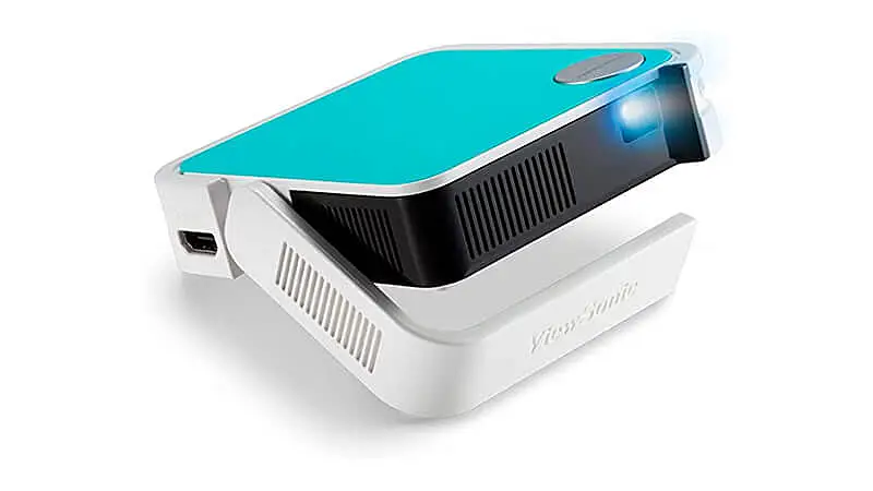 imagem de um mini projetor para celular da  ViewSonic na cor branca e azul
