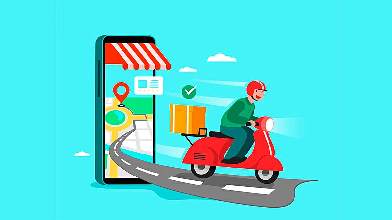 Arte de duas pessoas apertando as mãos e um carro fazendo uma entrega