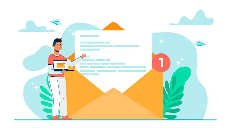 Arte com uma imagem de email e um ícone de notebook e celular