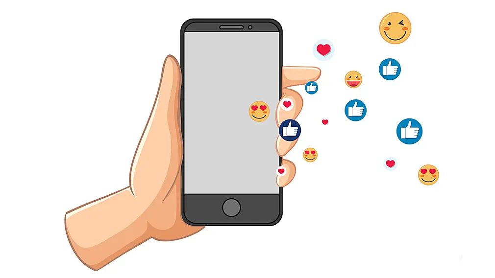 Ilustración de una mano cogiendo un móvil y varios íconos de redes sociales positivos