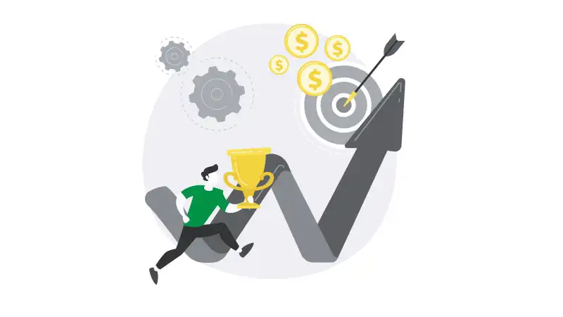 Imagen vectorial de un hombre corriendo con un trofeo hacia el objetivo.