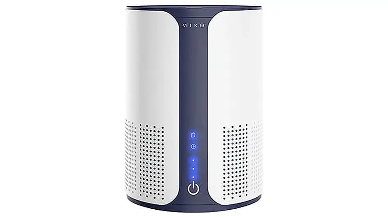 foto do purificador de ar cilíndrico branco e azul da Miko