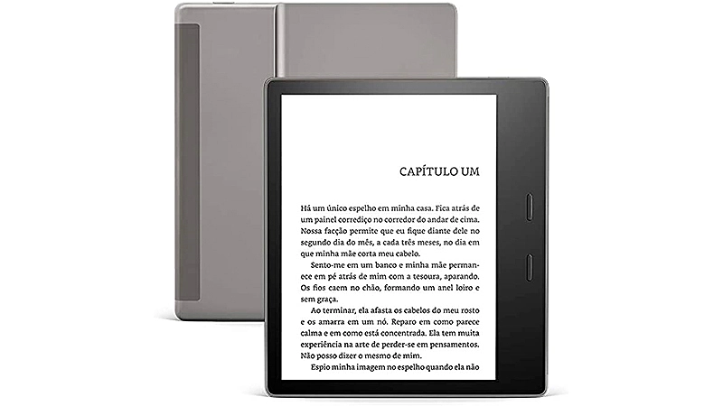 imagem que mostra um Kindle Oasis de frente e de costas