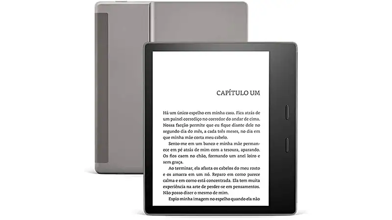 imagem que mostra um Kindle Oasis de frente e de costas
