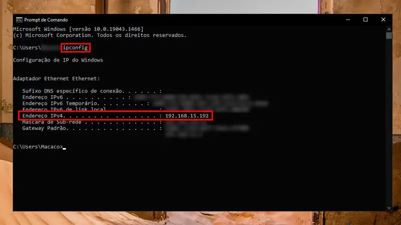 Prompt de Comando para ver IP Prompt de comando do Windows executando o comando ipconfig