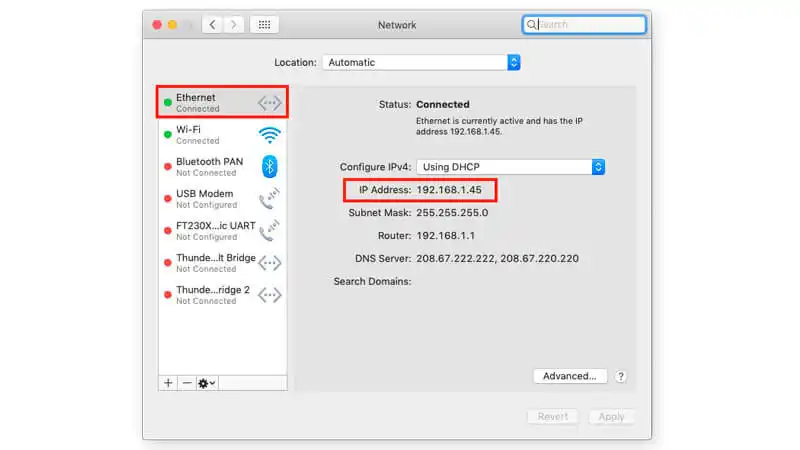 Mac IP Configurações de internet do Mac mostrando o IP
