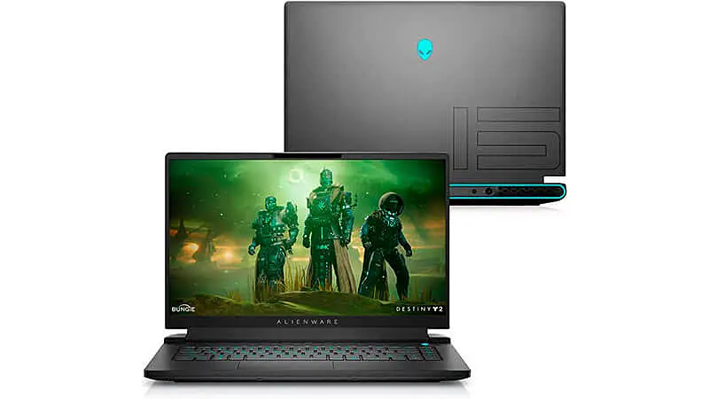 imagem de um notebook Dell Alienware R15 na cor cinza e com teclado iluminado em LED Azul