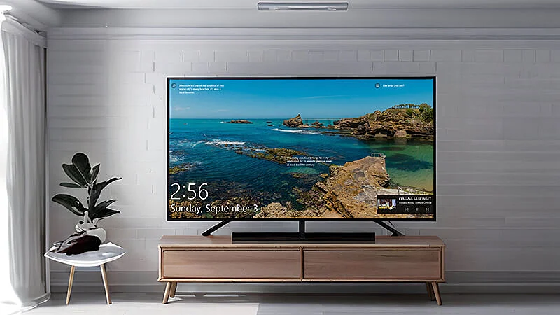 imagem mostrando uma smart TV em cima de um movel