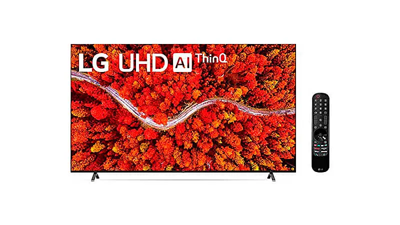 imagem de uma smart TV LG de 75 polegadas ao lado de um controle remoto