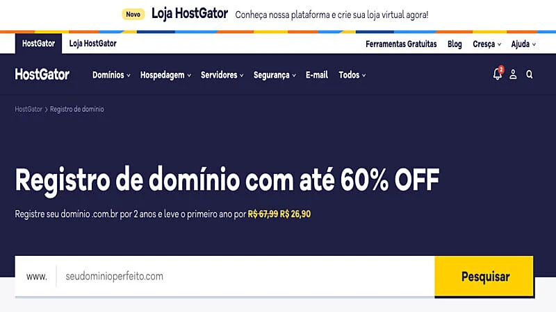 captura de tela da página de domínios da HostGator