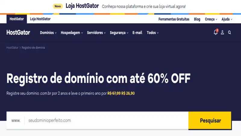 captura de tela da página de domínios da HostGator
