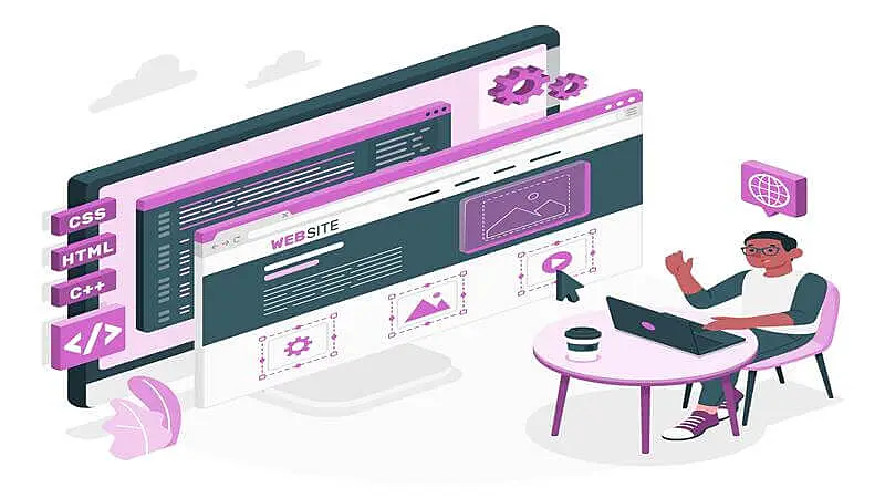 Ilustração de uma pessoa sentada construindo um site