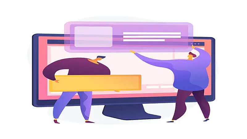 Ilustração de duas pessoas construindo um site