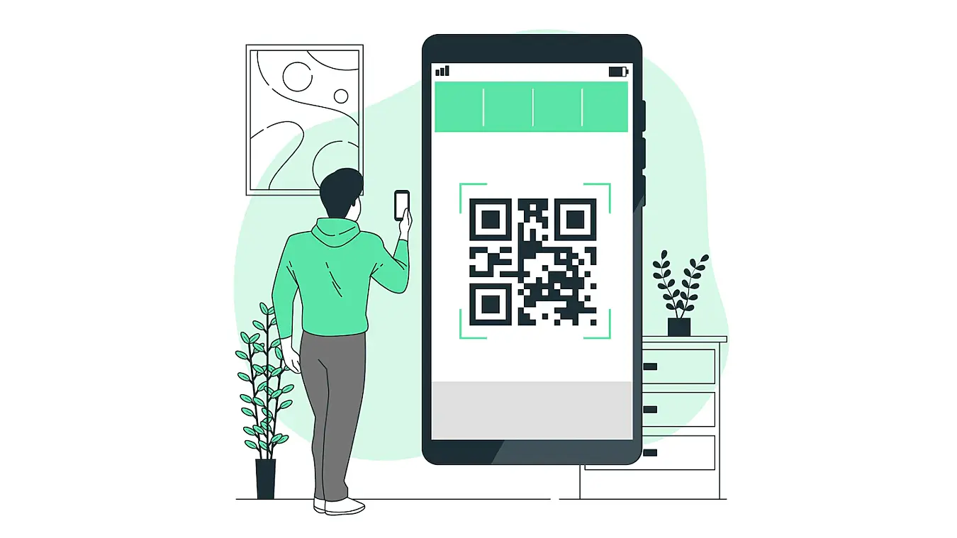 Ilustración de una persona usando el móvil para leer un QR Code