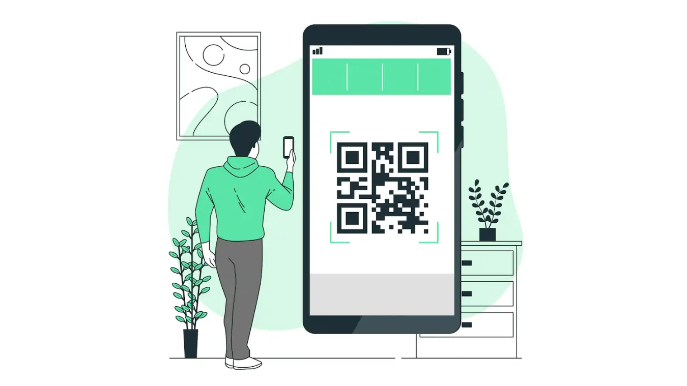 Ilustración de una persona usando el móvil para leer un QR Code