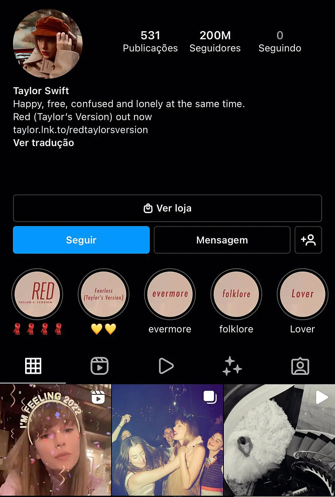 Recorte do perfil da Taylor Swift no Instagram