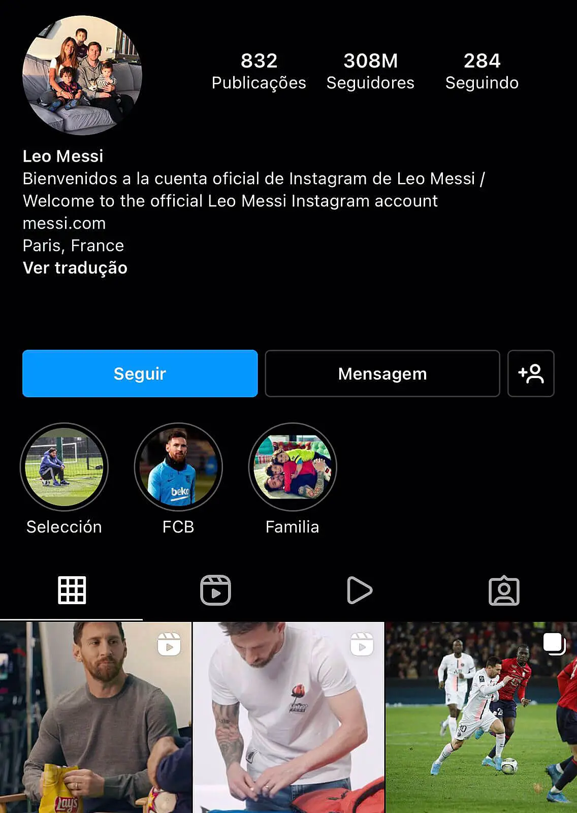 Perfil do Leo Messi no Instagram