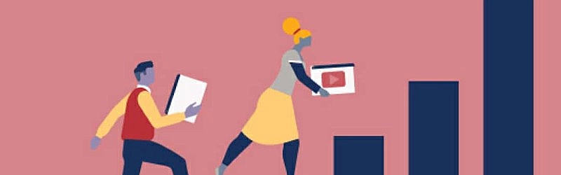 Uma arte de duas pessoas subindo em um gráfico de barras verticais segurando a logo do YouTube