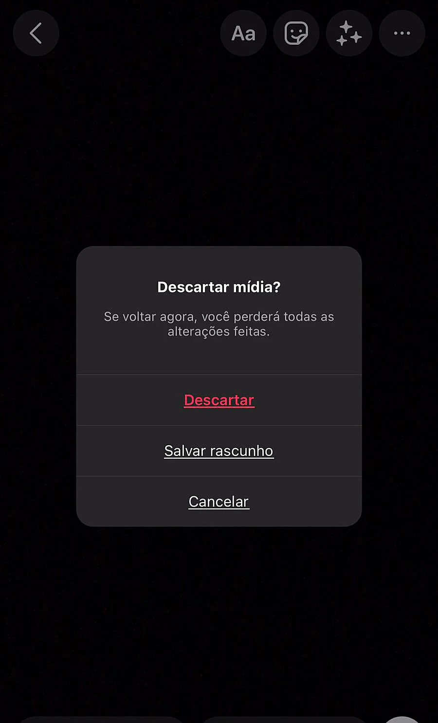 Tela para descartar mídia ou salvar rascunho
