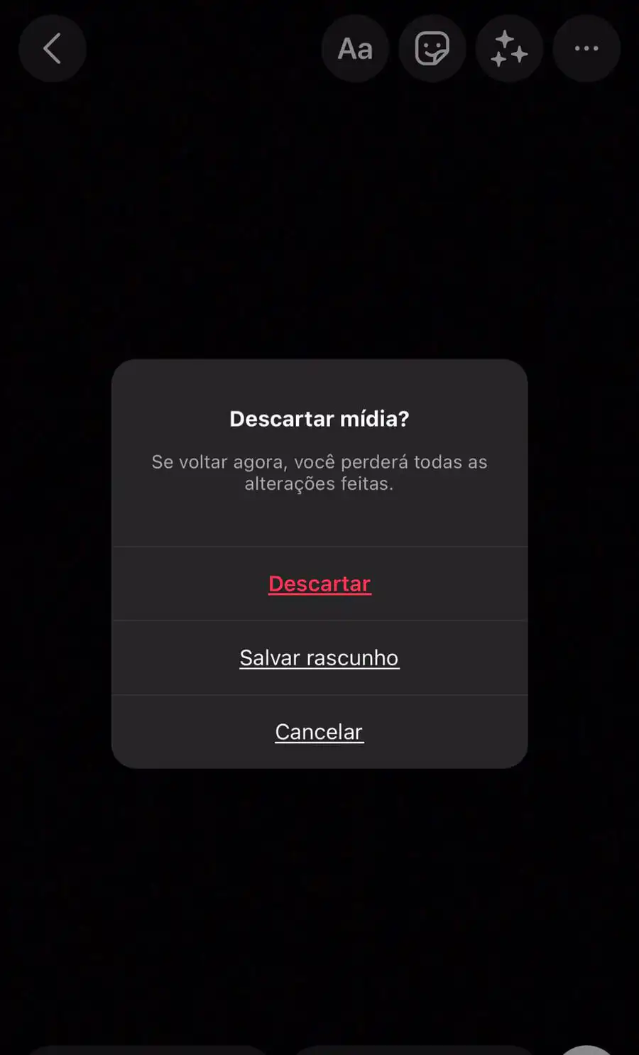 Tela para descartar mídia ou salvar rascunho