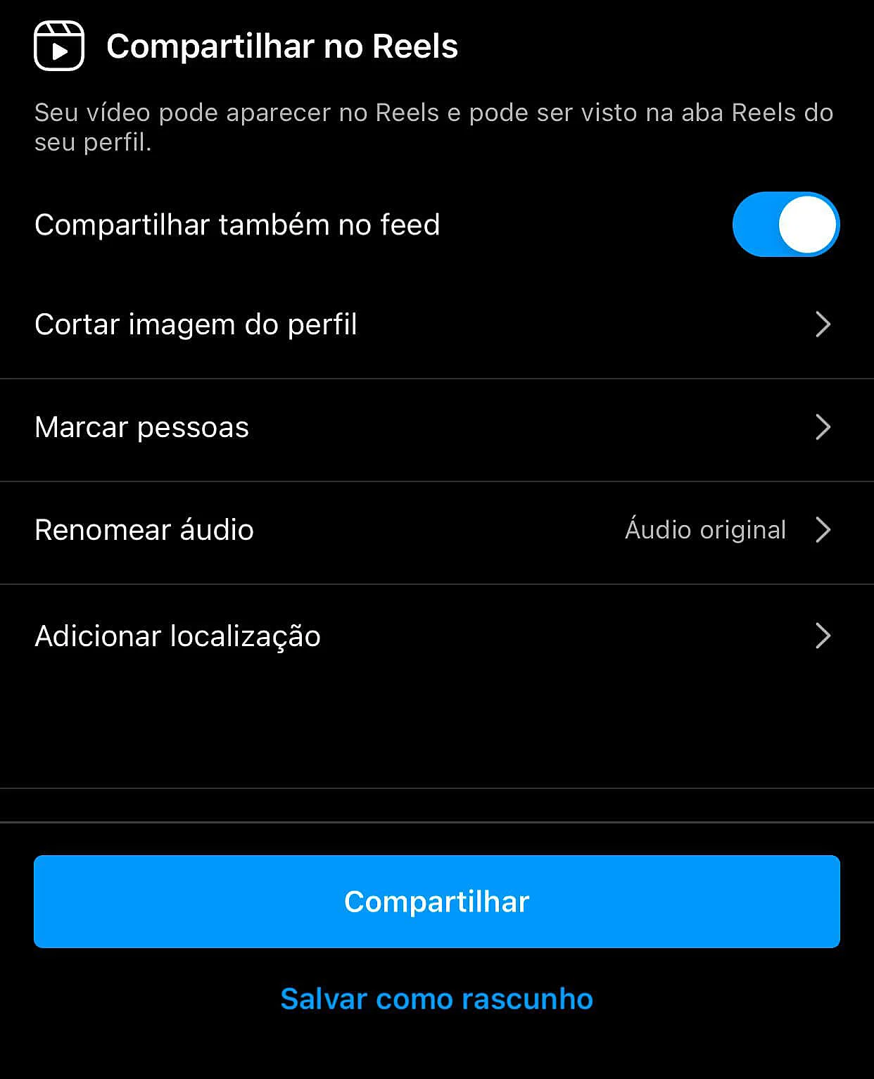 Menu de configurações dos Reels