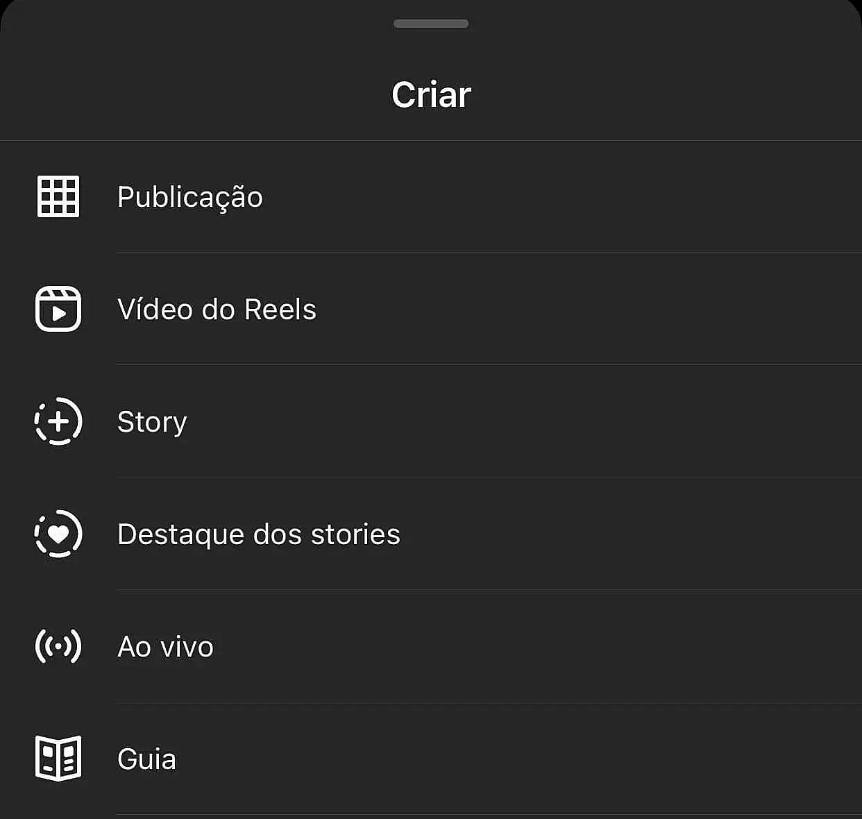 Menu de criação do Instagram