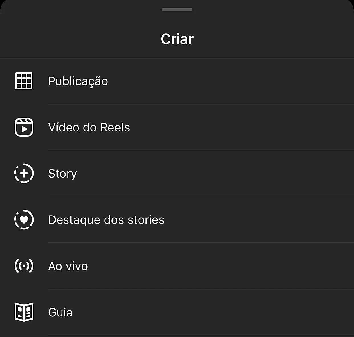 Menu de criação do Instagram