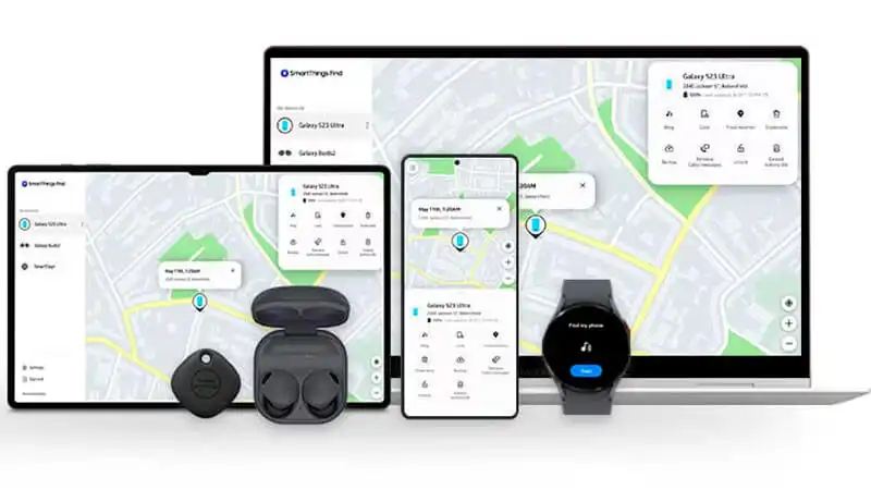 imagem que mostra um smartphone, um tablet, um notebook, um par de fones e um relógio inteligente conectados ao Smart Things Find da Samsung